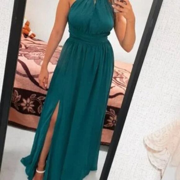 green Flowy Criss Cross Tie Split Thigh Dress - Picture 8 of 8